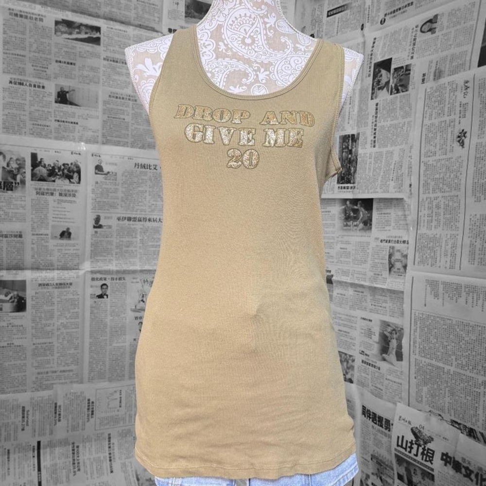 No Boundaries Olive Green Ribbed Tank Top Gold Glitter Graphic Y2K Streetwear XL